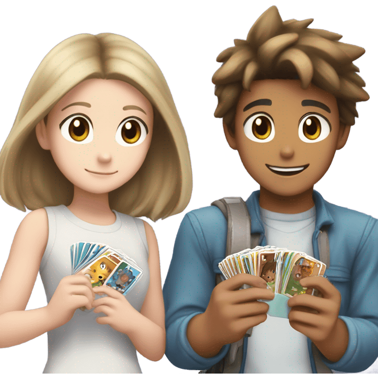 white brown haired boy and white brown haired girl open pokemon cards together emoji