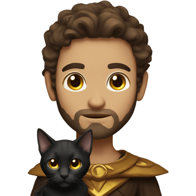 A sun warlock who is pale with brown hair and is holding a black kitten emoji