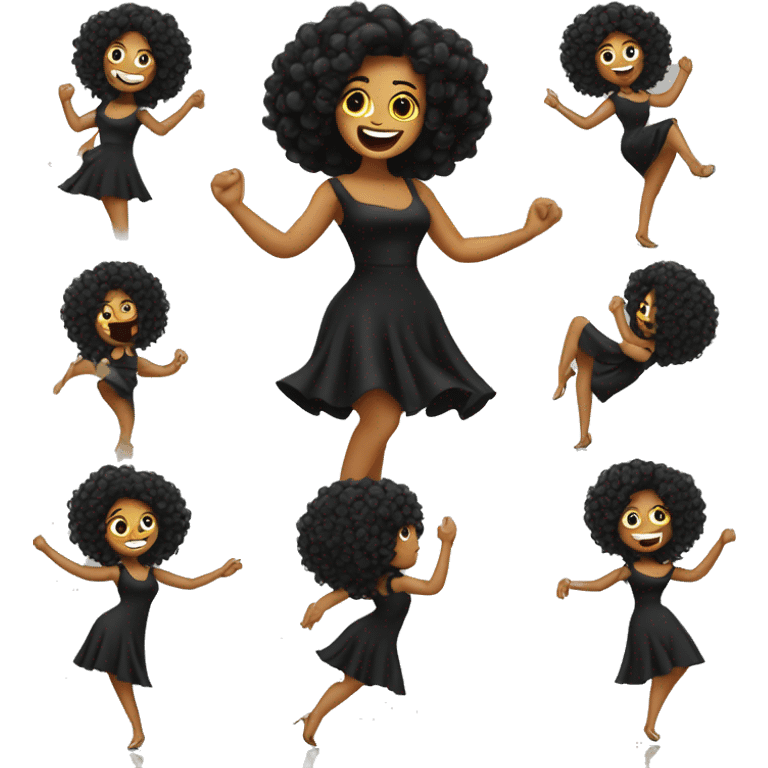 Mujer con un vestido negro y cabello rizado bailando salsa  emoji