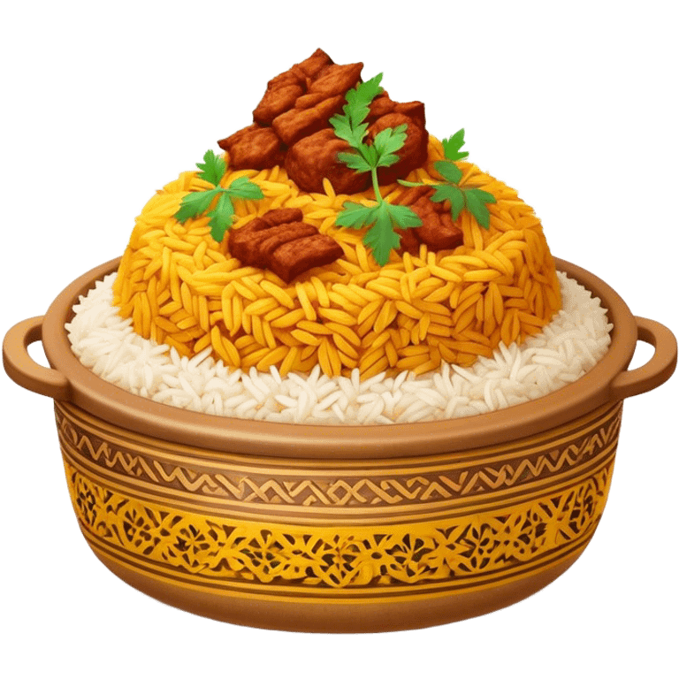 Cinematic Realistic Biryani Dish Emoji, depicted as aromatic basmati rice layered with spiced meat and herbs rendered with vibrant textures and warm, inviting lighting. emoji