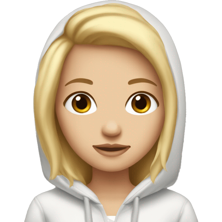 A white girl with blonde hair and brown eyes wearing a hoodie emoji