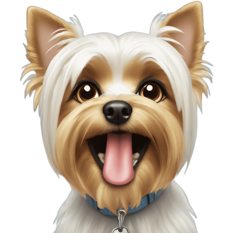 White Yorkie, begging for a treat while having a treat in its mouth emoji