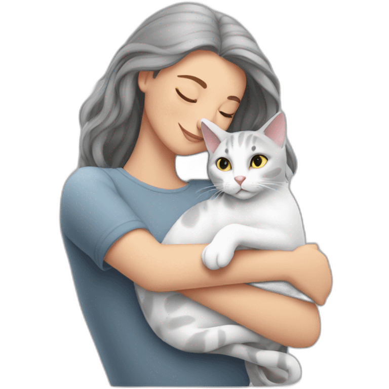 White grey cat cuddling brunnete lady emoji