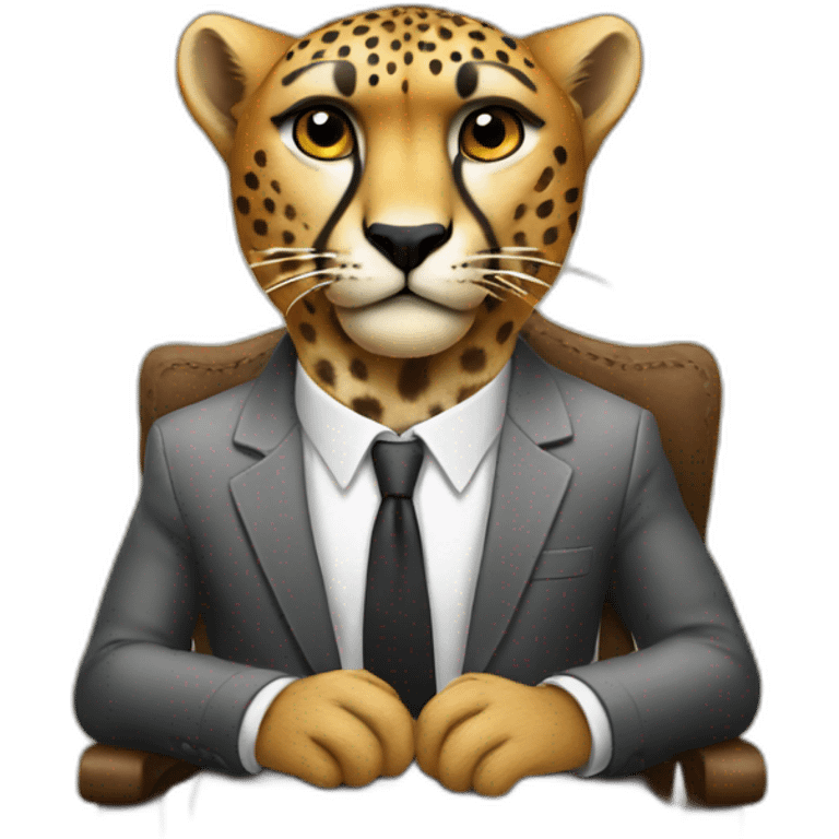 A cheetah wearing a suit looking straight while sitting in a chair emoji