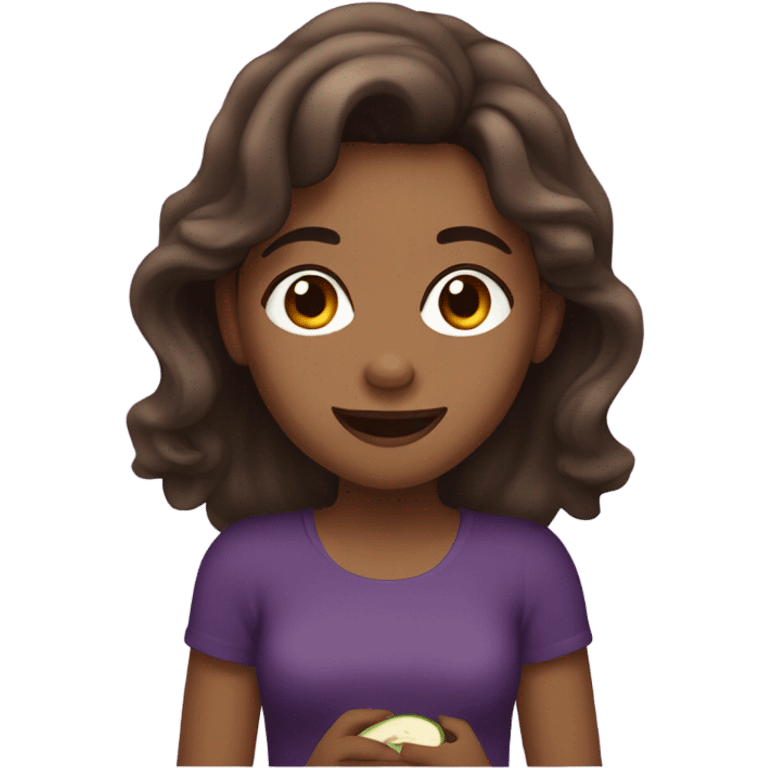 Girl with tan skin brown hair and brown eyes with wavy hair eating an eggplant emoji