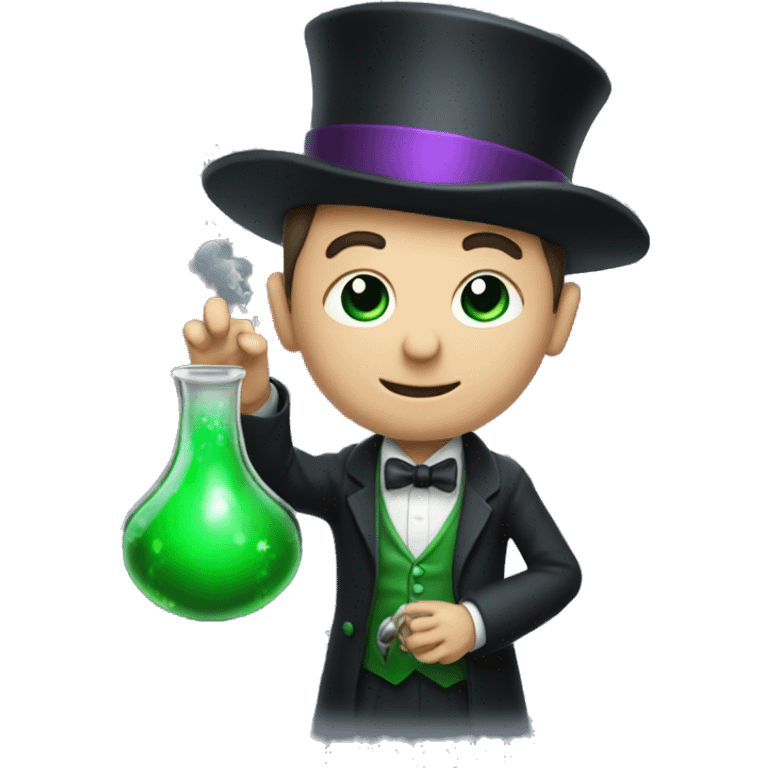 A magician holding a flask with green mystical chemical emoji