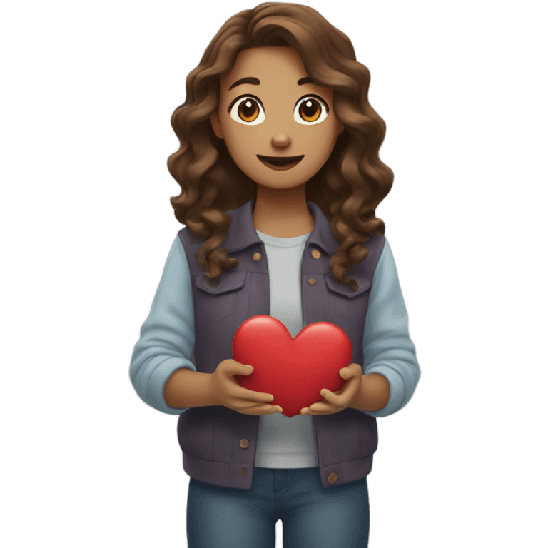 girl with brown wavy hair holding up heart hands emoji