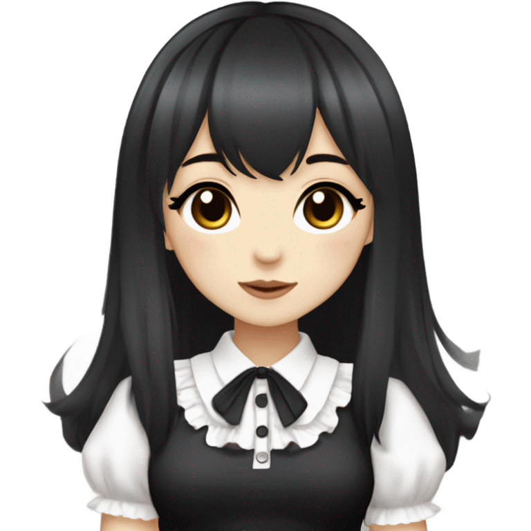 hime gyaru girl, pale skin with brown eyes and black hair with bangs, dark makeup, black shirt emoji