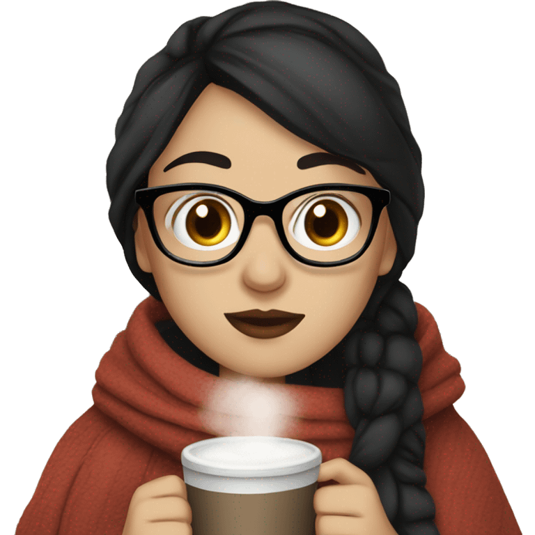 White girl with black hair with glasses wrapped in her blankets drinking hot cocoa emoji