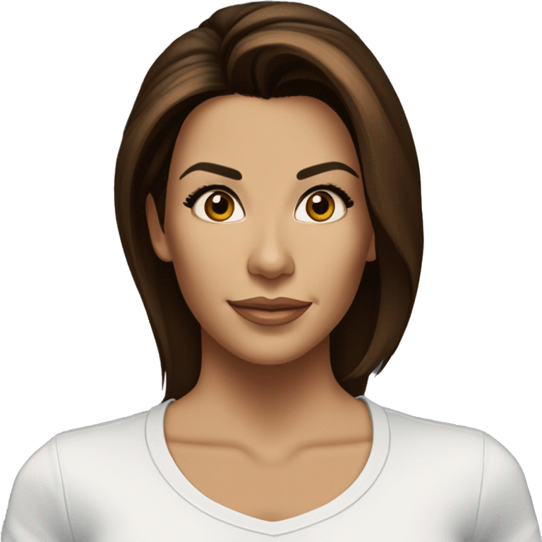 3/4 face, contrasted, shadow, light, Eva Longoria expression, standing from a distance, thin nose, brunette woman, hazel eyes, long eyelashes, dark shoulder shaded hair, white t-shirt, jeans, white sneakers emoji