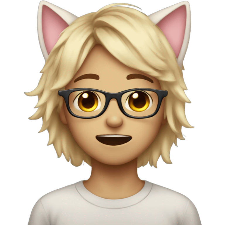 a cute boy with femboy cat ears with glasses crying and drooling emoji