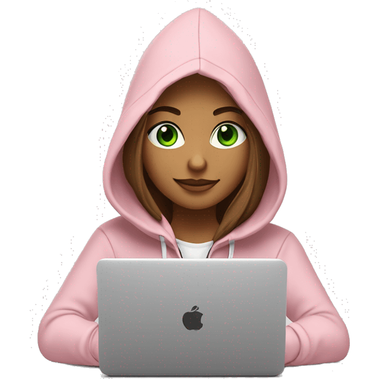 a girl with brown long hair, fair skin, green eyes, is working relaxed at a modern laptop in a monochrome pale pink zip hoodie with a hood and a pink monochrome T-shirt emoji