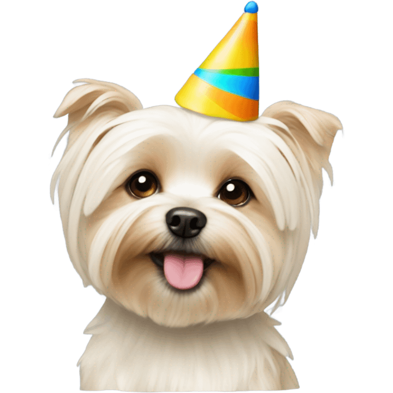 All cream Morkie with party hat emoji