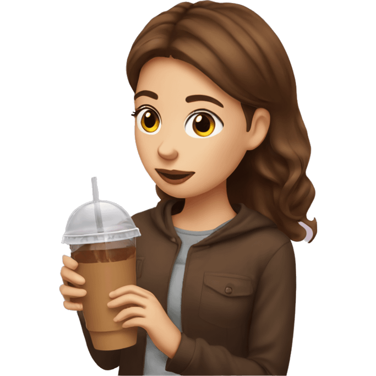 Brown haired girl sipping iced coffee emoji