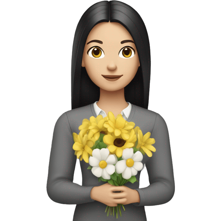 white girl, with black long straight hair wearing a pastel yellow jumpsuit with white shirt in it and carrying a flower arrangement in her hands emoji