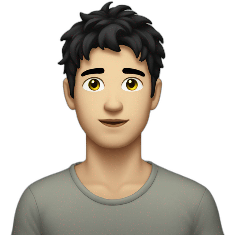 A 24 year old white male with jet black hair that is short and shaggy, light greenish eyes, square face with a mildly feminine vibe emoji