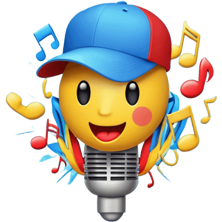 Create a dynamic and energetic emoji that represents beatboxing. The design should feature a microphone with a singing mouth and soundwaves or rhythmic beats emanating from it, symbolizing the vocal percussion and rhythm of beatboxing. Add a cap placed on top of the microphone to reflect street culture and the individuality of the performer. Include musical notes floating around to emphasize the musicality. Use bold, vibrant colors like neon blue, red, and yellow to convey energy and excitement. The background should be transparent. emoji