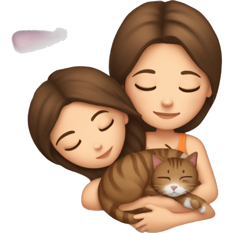 brunette girl sleeping with brown tabby cat  emoji