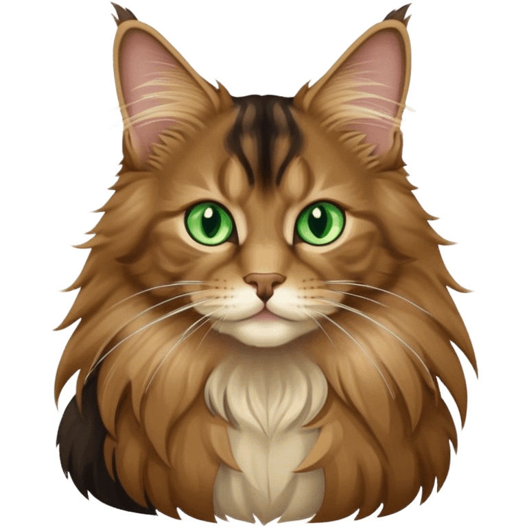 A light brown and black long haired Maine coon cat with green eyes sitting emoji