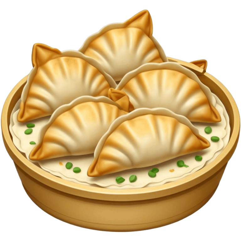 Gyoza Cinematic Realistic Gyoza Dish Emoji, depicted in a close-up view of 1 to 2 delicate dumplings with a crisp, golden exterior and savory filling, rendered with exquisite detail and dynamic lighting. emoji