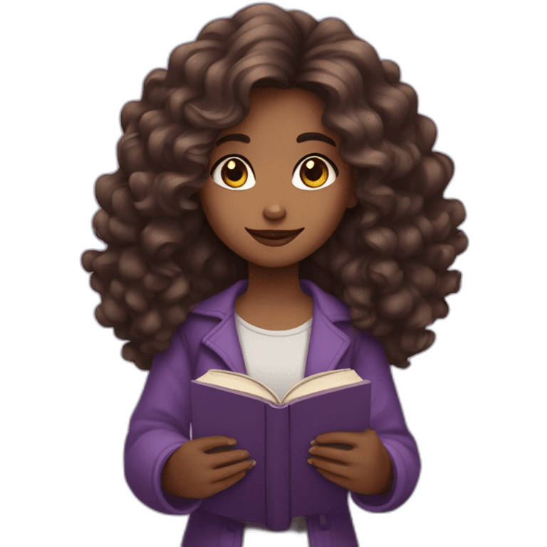 A girl with thick wavy hair, purple eyes and a book in her hands emoji