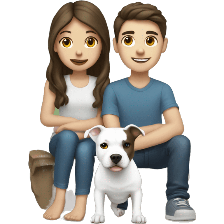 brunette girl and boy with a white pitbull ￼ emoji