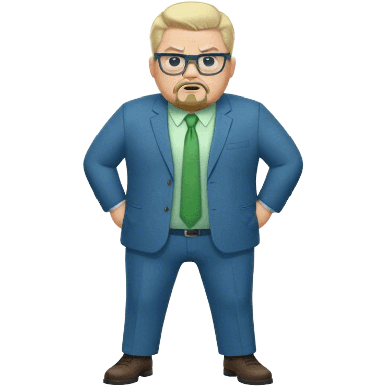 Full Body white male plus size wearing glasses with a goatee with light blonde and gray very short hair angry head Coach in blue and green suit emoji