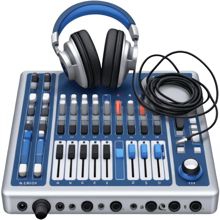 Create a professional and technical emoji that represents sound engineering. The design should feature a sound mixing console with faders, a pair of studio headphones, and audio waveforms to symbolize the precision and technicality of sound mixing and mastering. Include elements like a microphone or audio cables to reflect the recording aspect. Use colors like silver, black, and dark blue to represent the technical, yet artistic side of sound engineering. The background should be transparent. emoji