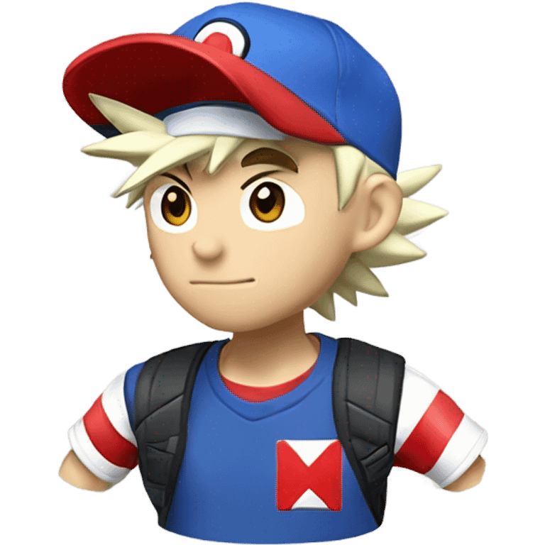 ASH ketchum, pokemon trainer with his spiky hair showing from beneath his signature red and white baseball cap.  emoji