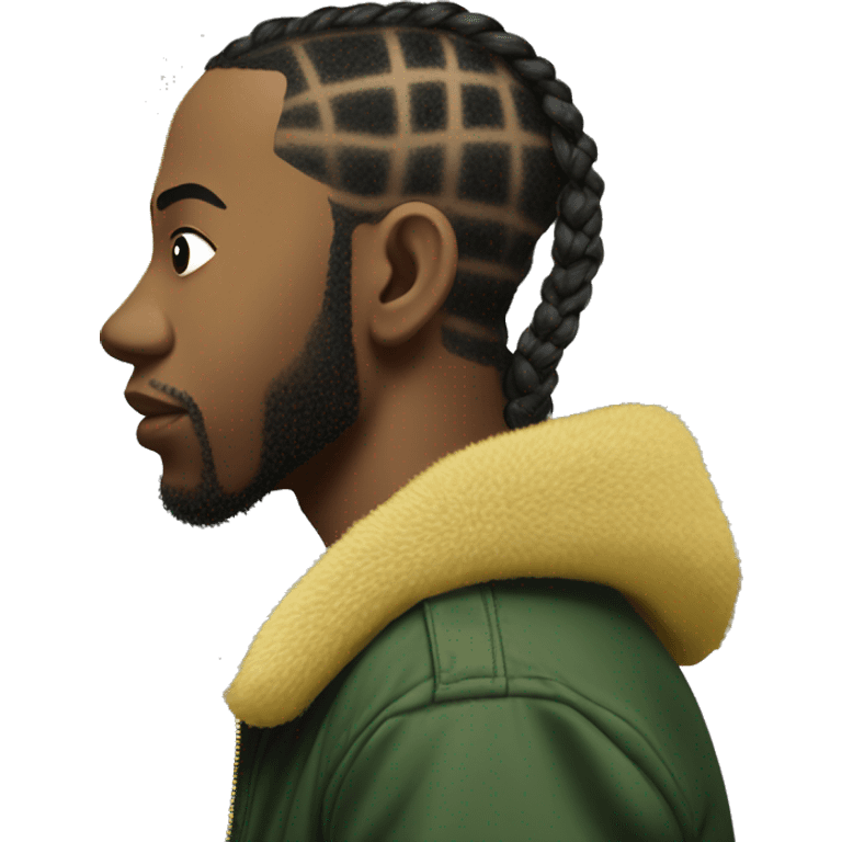 Side profile of a hip hop artist with braids. His arm is pointing down. He's wearing a puffy dark green jacket. The jacket has a furry yellow collar.  emoji