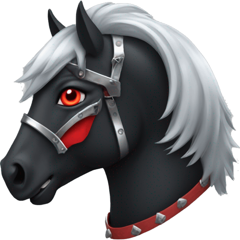 A black horse with red eyes and fangs in silver armor. emoji