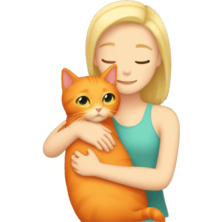 Blond girl hugging an orange cat in her arms emoji