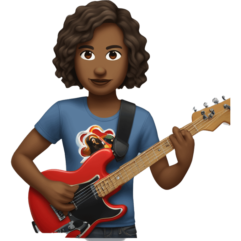 a brown eyed rock singer looking a little bit like rory gilmore wearing a red hot chili peppers tee and flare jeans playing the bass guitar emoji