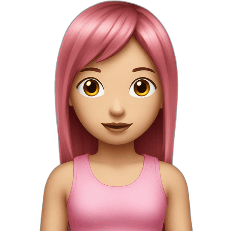 cute girl with dark brown eyes and long, straight rose hair with fringe and holding camera and wearing pink tank top emoji