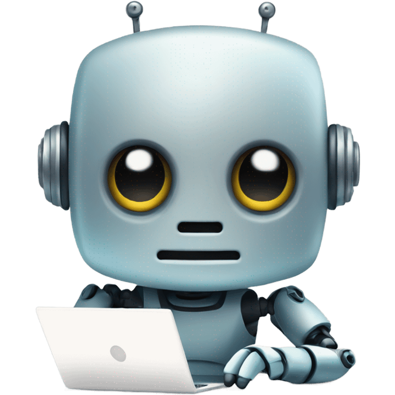 Cute robot behind computer writing code emoji