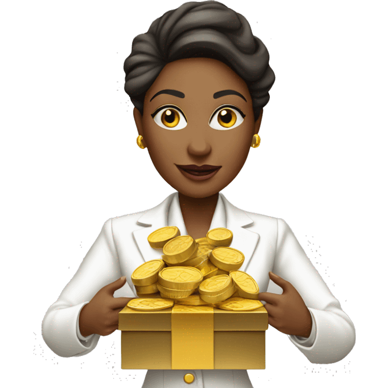 Posh-woman-with-white-suit-holding-golden-coins-and-presents emoji