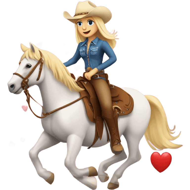 A cowgirl with blonde hair riding a horse with hearts around them emoji