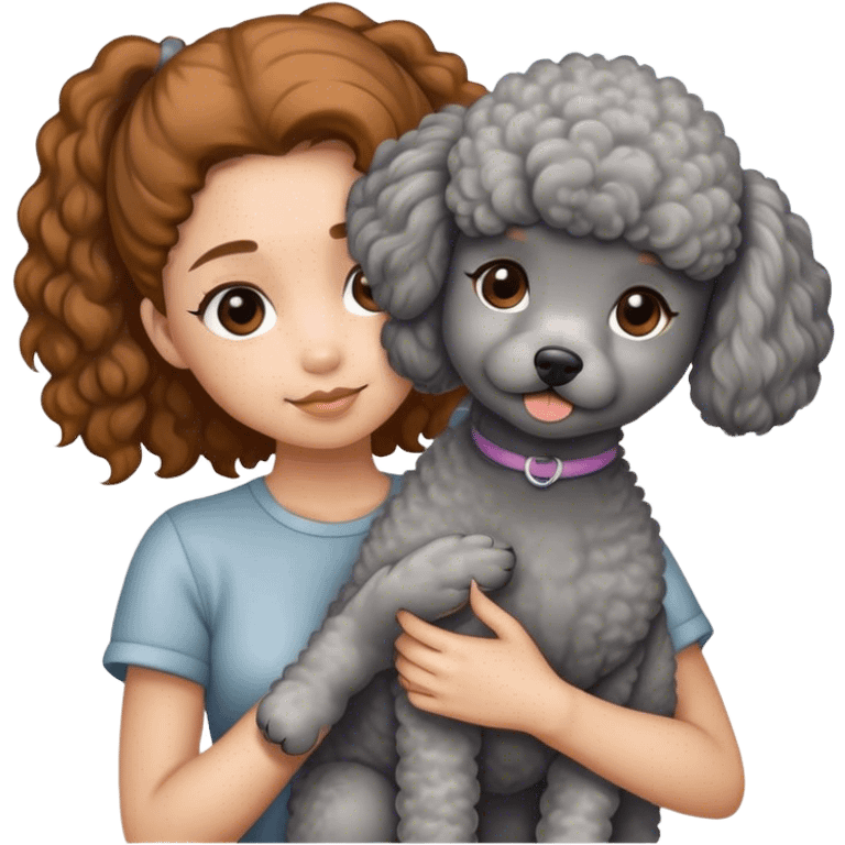 A girl with caramel brown ponytail holding a grey poodle emoji