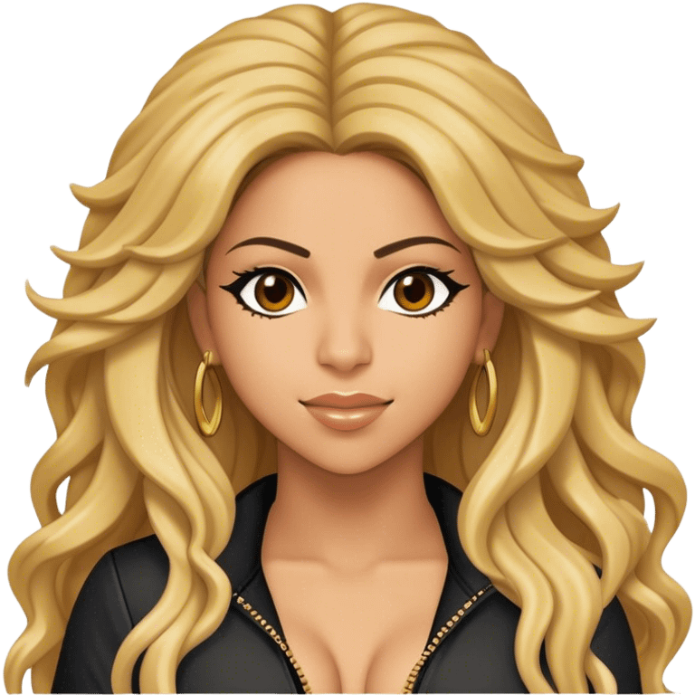 Cinematic Realistic portrait of Shakira, shown as a dynamic pop icon with expressive features and detailed modern attire, illuminated by vibrant, energetic lighting that highlights her global influence emoji