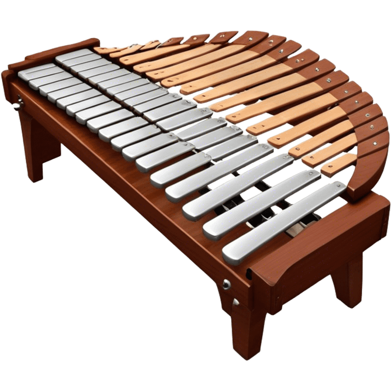 Create a detailed and professional emoji representing a Fleet FLT-SX37 long orchestral wooden xylophone. The design should showcase the large wooden bars of the xylophone, arranged in a traditional setup, with soft metallic accents on the mallets. The bars should have a rich wood texture, with polished details to reflect the quality of the instrument. The mallets should be held above the bars, with the heads clearly visible. Use warm, rich wood tones like mahogany and light brown, with silver or metallic accents for the mallets. Add subtle musical notes floating above the xylophone to emphasize its melodic sound. The background should be transparent. emoji