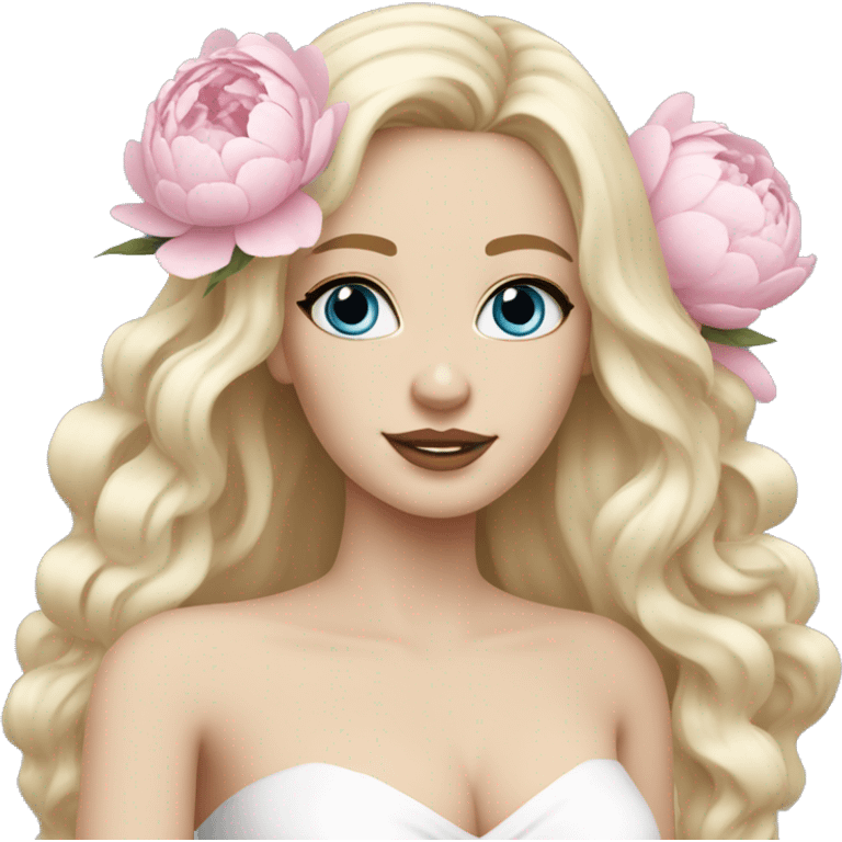 White bride with long light blonde hair and blue eyes with light pink peonies in hair white skin  emoji