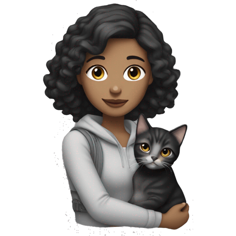 white girl with dark black hair holding a grey tabby cat emoji