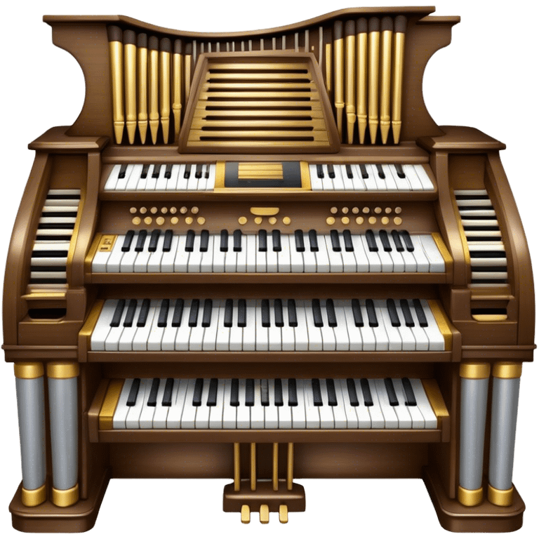 Create an elegant and majestic emoji representing a classical organ. The design should feature the grand pipes of the organ in the background, with visible details of the keys and pedalboard in the foreground. The pipes should be tall and impressive, with a mixture of gold, silver, and metallic shades to emphasize the grandeur of the instrument. The keyboard and pedals should be well-defined, capturing the intricate craftsmanship of the organ. Use dark wood tones and gold accents for the body of the instrument to give it a rich, historic feel. Add subtle musical notes around the organ to evoke its deep, resonant sound. The background should be transparent. emoji