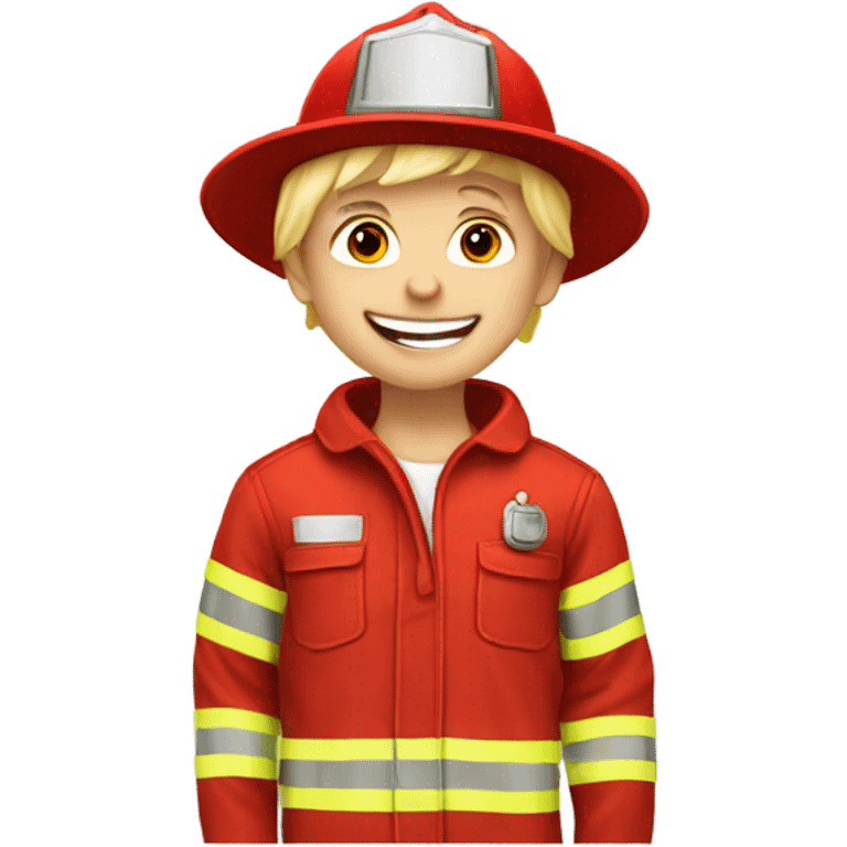 Blonde boy wearing a fire hat and playing with a firetruck emoji