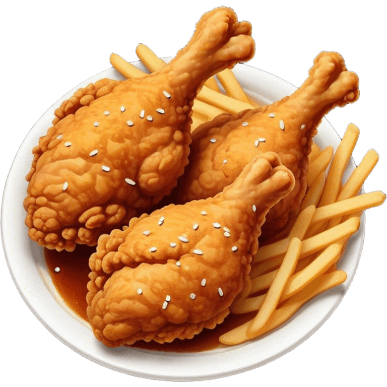 Cinematic crispy fried chicken, golden and crunchy, juicy inside, steaming as it is freshly served, sprinkled with seasoning, rich golden tones, inviting and delicious. emoji