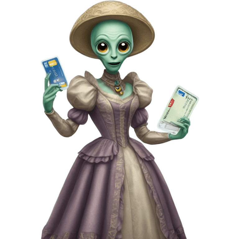 alien galora in Victorian dress elegant, full body, holding big credit card emoji