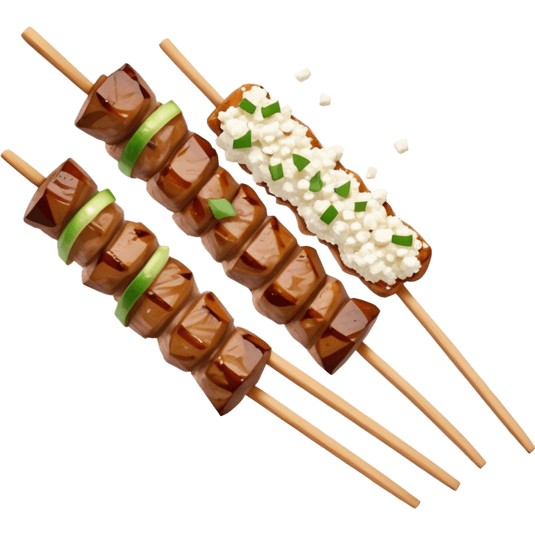 Souvlaki Cinematic Realistic Souvlaki Dish Emoji, depicted as skewered, grilled meat served with a side of crumbled feta cheese, rendered with rich textures and dynamic, appetizing lighting. emoji