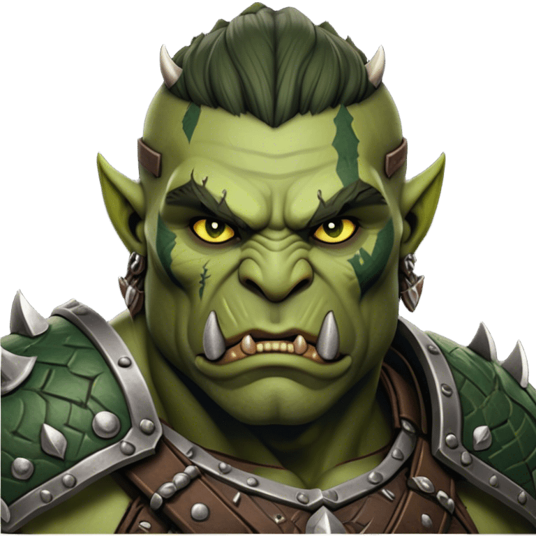 Cinematic Realistic WoW Orc Warrior Portrait, depicted with battle-scarred, rugged green skin and a powerful, muscular build that radiates primal strength. Clad in intricately detailed tribal armor accented with dark leather and iron embellishments in deep, earthy tones, his fierce eyes and determined expression exude honorable might. Rendered with lifelike texture and dramatic natural lighting, high shine, noble and formidable, capturing the essence of a legendary orc champion. emoji