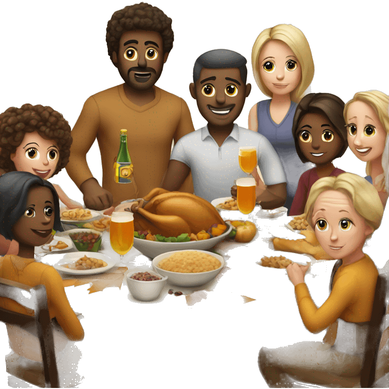 Big white colored Family sitting at Thanksgiving table with plenty of drinks emoji