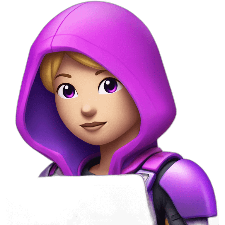 Girl developer behind his laptop with this style : Nintendo Samus Video game neon glowing bright purple character pink lack hooded hacker themed character emoji